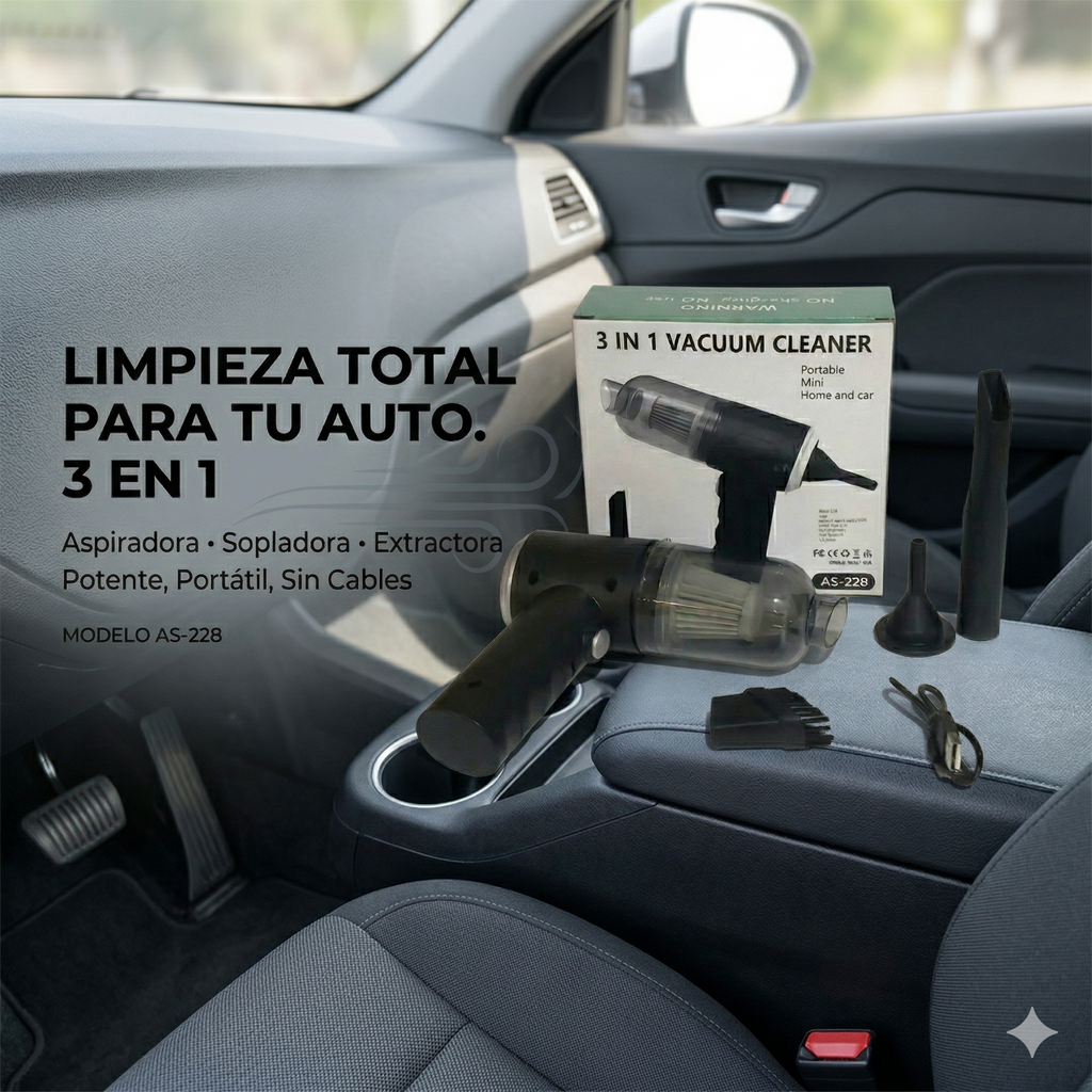 Aspiradora Portátil 3 en 1 para Auto y Hogar
